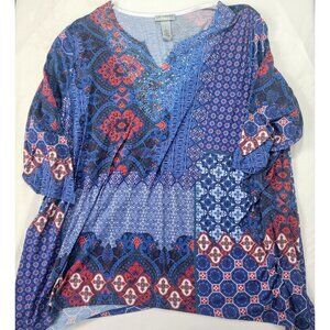 Catherines Women's 3/4 Sleeve Blue Red Print Women's Shirt Top Crystal Accent 3X